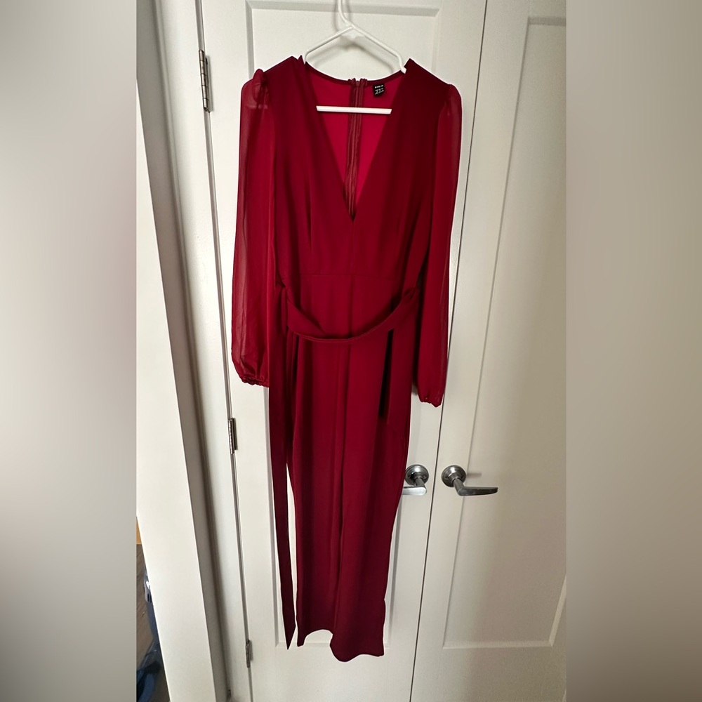 Red deep V neck jumpsuit